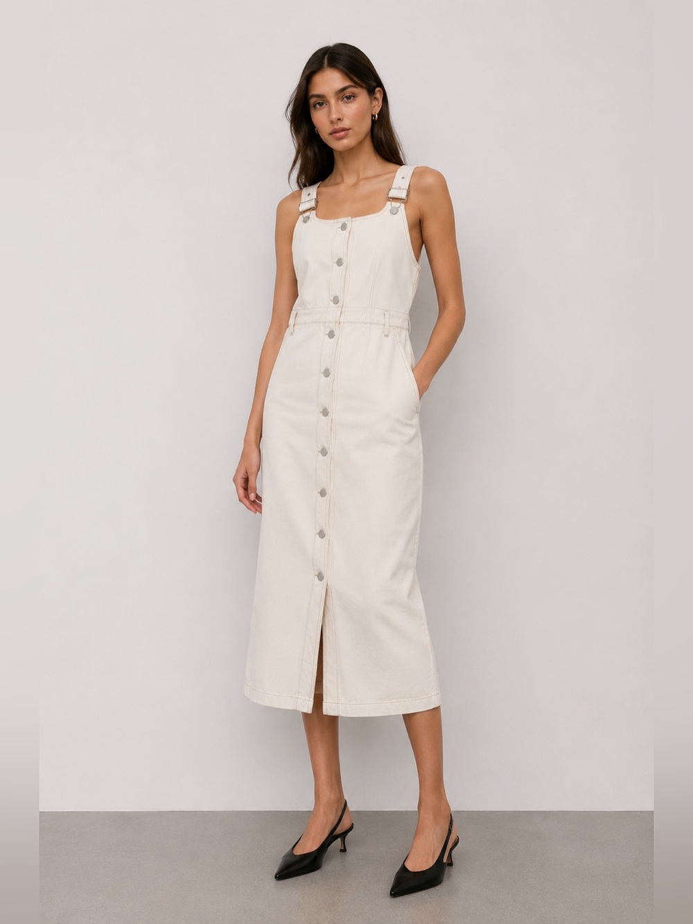 Blogger favorite SLEEVELESS BUTTON UP POCKETS DENIM OVERALL DRESS